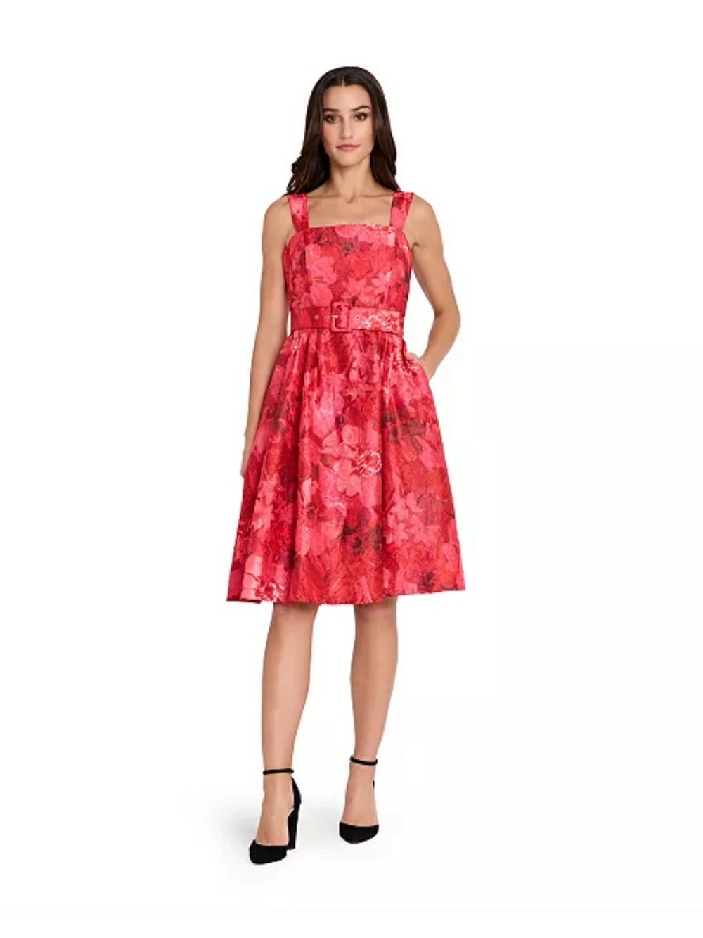 Tahari ASL Red Floral Belted Midi Dress